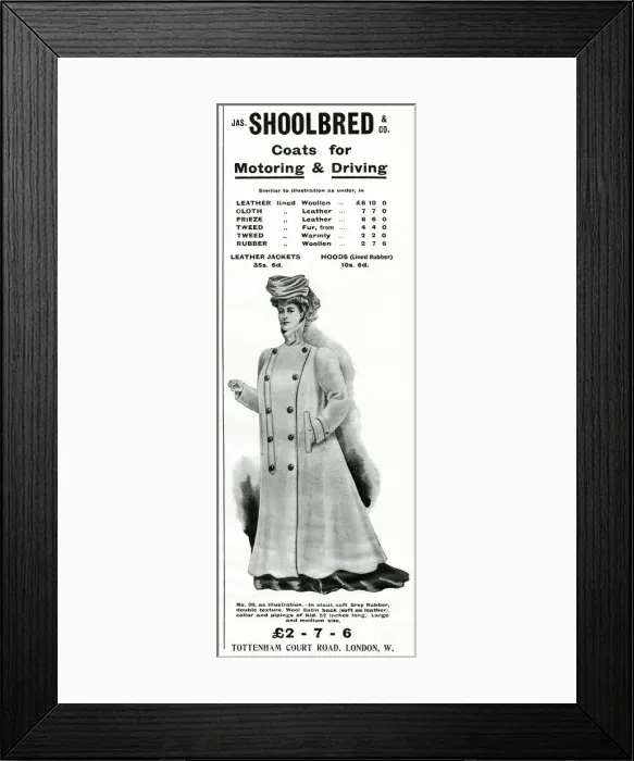Framed Print : Advert for Shoolbred womens motoring coat 1905 Framed Print : Advert for Shoolbred womens motoring coat 1905