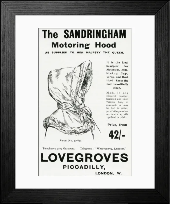 Framed Print : Advert for Lovegroves - motoring hood 1905