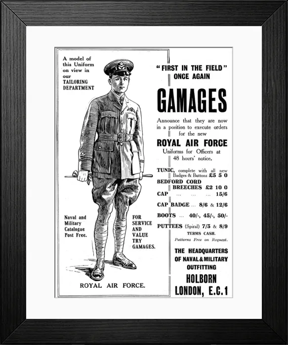 Framed Print : Gamages Royal Air Force uniform advertisement Framed Print : Gamages Royal Air Force uniform advertisement