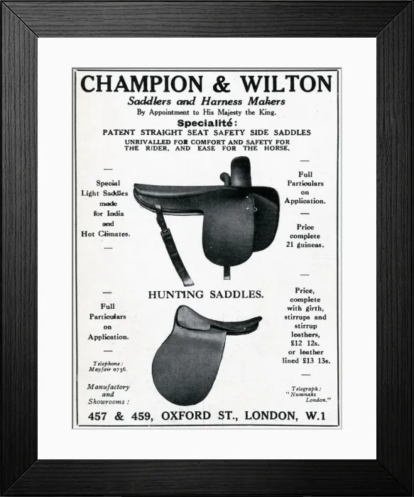 Framed Print : Advert for Champion & Wilson, saddlers & harness makers 1927 Framed Print : Advert for Champion & Wilson, saddlers & harness makers 1927