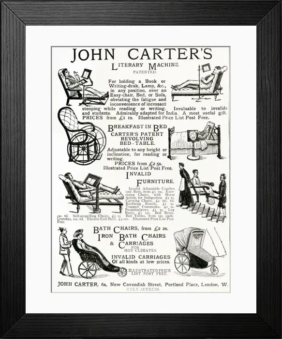 Framed Print : Advert for John Carters invalid chairs 1884 Framed Print : Advert for John Carters invalid chairs 1884