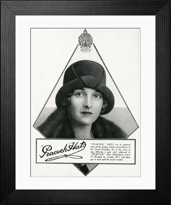 Framed Print : Advert for Peacock hats 1927