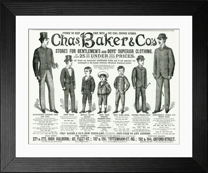 Framed Print : Advert for Chas. Baker & Co. gentlemen & boys clothing 1887 Framed Print : Advert for Chas. Baker & Co. gentlemen & boys clothing 1887