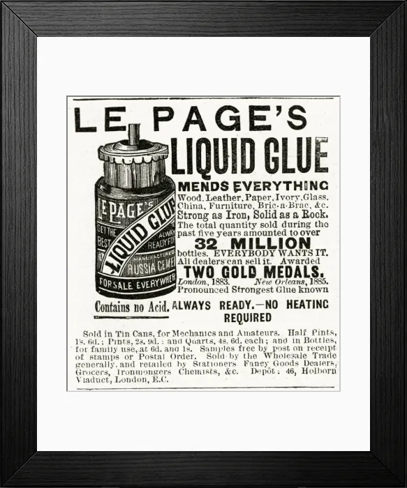 Framed Print : Advert for Le Pages liquid glue 1884 Framed Print : Advert for Le Pages liquid glue 1884