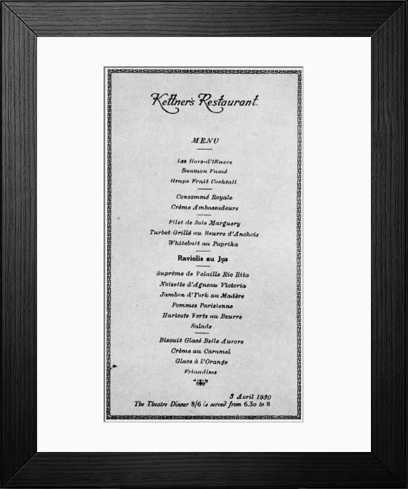Framed Print : Menu for Kettners restaurant Framed Print : Menu for Kettners restaurant