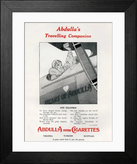 Framed Print : Abdulla cigarette advertisement featuring woman aviator Framed Print : Abdulla cigarette advertisement featuring woman aviator