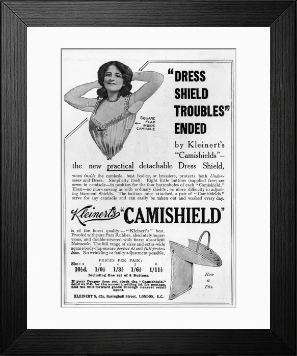 Framed Print : Kleinarts Camishield dress shields advertisement Framed Print : Kleinarts Camishield dress shields advertisement