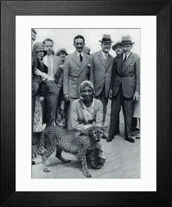 Framed Print : Josephine Baker with her pet cheetah at Deauville, France Framed Print : Josephine Baker with her pet cheetah at Deauville, France
