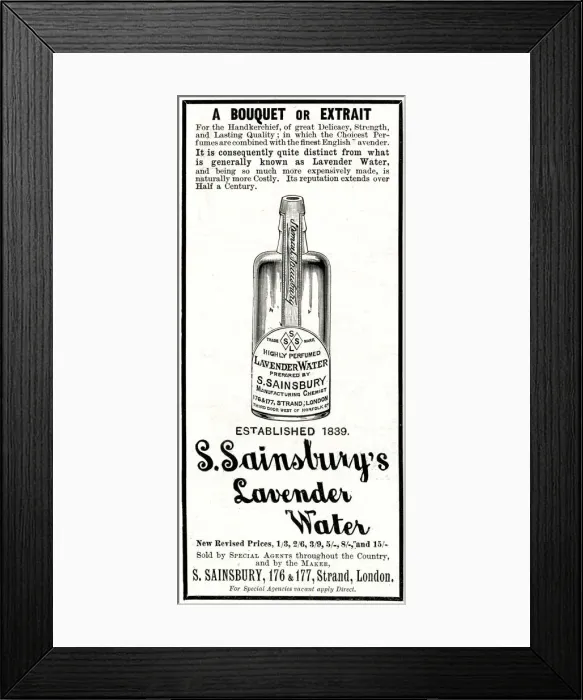 Framed Print : Advert for S. Sainsburys lavender water 1897 Framed Print : Advert for S. Sainsburys lavender water 1897