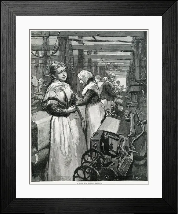 Framed Print : Women working in cramped conditions spinning yarn. Date: 1883