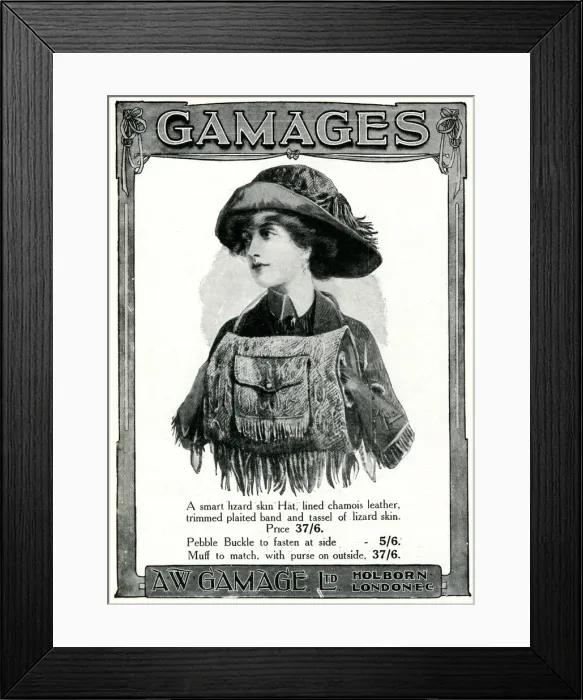Framed Print : Advert for Gamages lizard skin accessories 1909 Framed Print : Advert for Gamages lizard skin accessories 1909