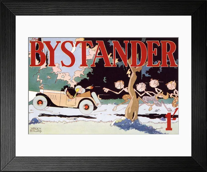 Framed Print : Bystander masthead, 1929 - satryrs chasing lady motorist Framed Print : Bystander masthead, 1929 - satryrs chasing lady motorist
