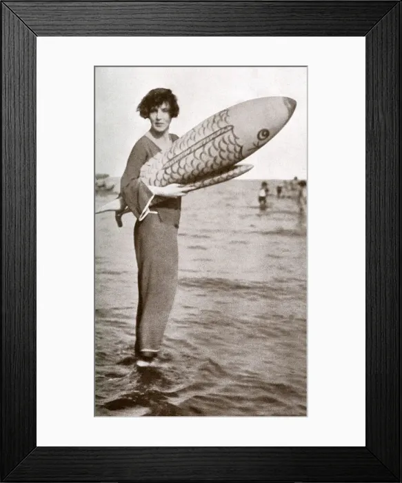 Framed Print : Lady Diana Cooper at Venice Lido with inflatable fish Framed Print : Lady Diana Cooper at Venice Lido with inflatable fish