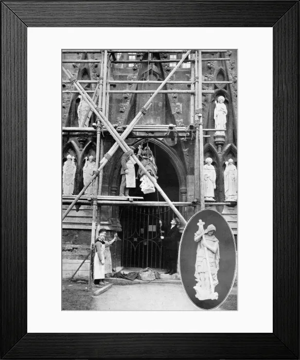 Framed Print : A gift to Exeter Cathedral - statues being hoisted into plac Framed Print : A gift to Exeter Cathedral - statues being hoisted into plac