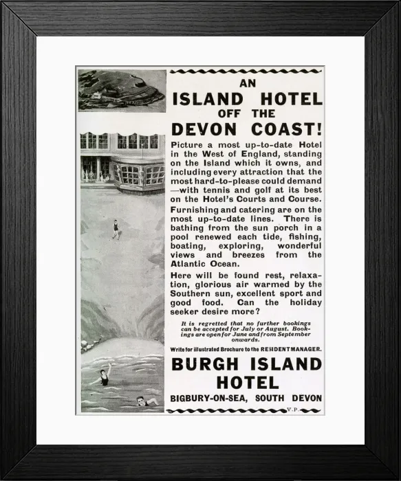 Framed Print : Burgh Island Hotel advertisement Framed Print : Burgh Island Hotel advertisement