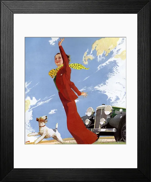 Framed Print : 1930s woman walking dog - Daimler car