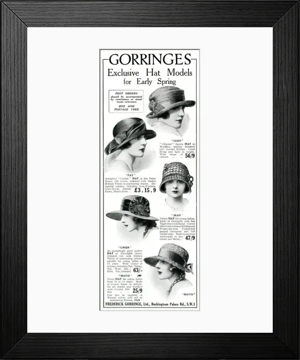 Framed Print : Advert for Gorringes womens early spring hats 1923 Framed Print : Advert for Gorringes womens early spring hats 1923