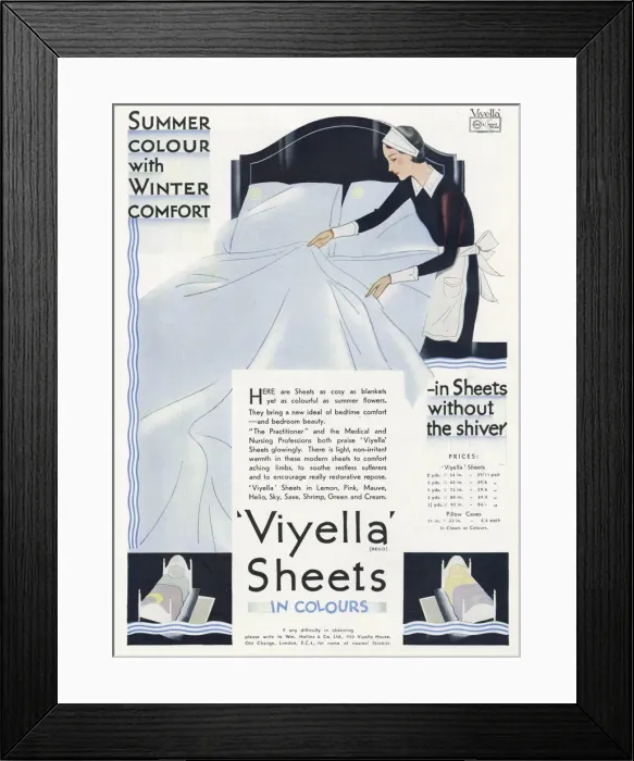 Framed Print : Advert for Viyella Sheets in Colours Framed Print : Advert for Viyella Sheets in Colours