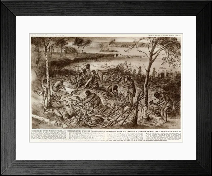 Framed Print : Reconstruction of Mesolithic site of Star Carr, Yorkshire Framed Print : Reconstruction of Mesolithic site of Star Carr, Yorkshire