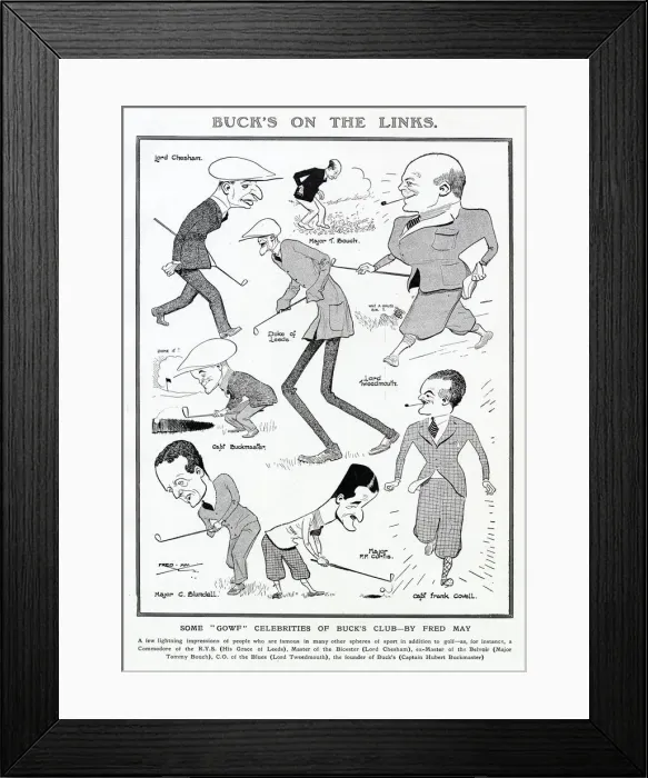 Framed Print : Some celebrities of Bucks Club playing golf caricatured by Fred May in The Tatler Framed Print : Some celebrities of Bucks Club playing golf caricatured by Fred May in The Tatler