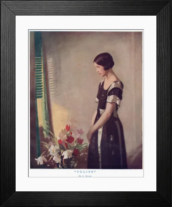 Framed Print : A young woman stands beside a vase of tulips contemplating the summer light filtering Framed Print : A young woman stands beside a vase of tulips contemplating the summer light filtering