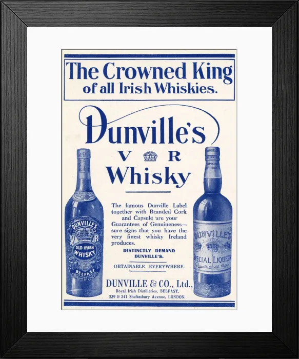 Framed Print : Advert for Dunvilles Whisky, Belfast 1911 Framed Print : Advert for Dunvilles Whisky, Belfast 1911