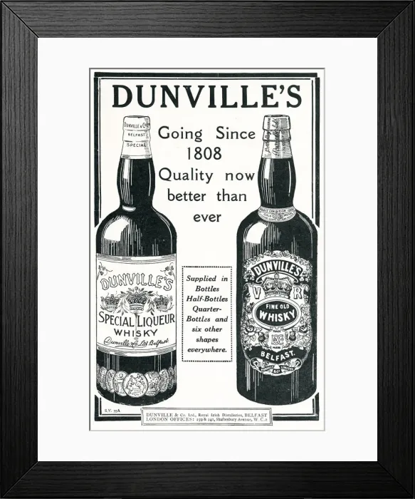 Framed Print : Advert for Dunvilles - Crowned King of Irish Whiskies 1924