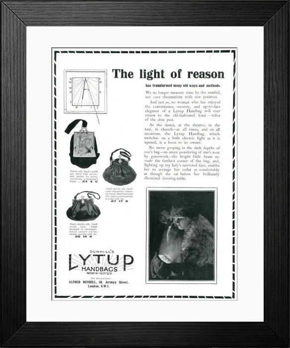 Framed Print : Advert for Dunhills Lytup Handbags 1923 Framed Print : Advert for Dunhills Lytup Handbags 1923