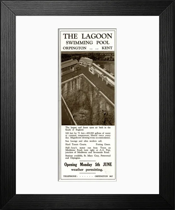 Framed Print : Advert for the Lagoon, swimming pool, Orpingon 1933 Framed Print : Advert for the Lagoon, swimming pool, Orpingon 1933