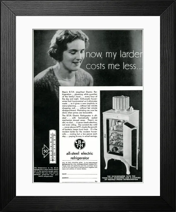 Framed Print : Advert for B. T. H. electric refrigerator 1931 Framed Print : Advert for B. T. H. electric refrigerator 1931
