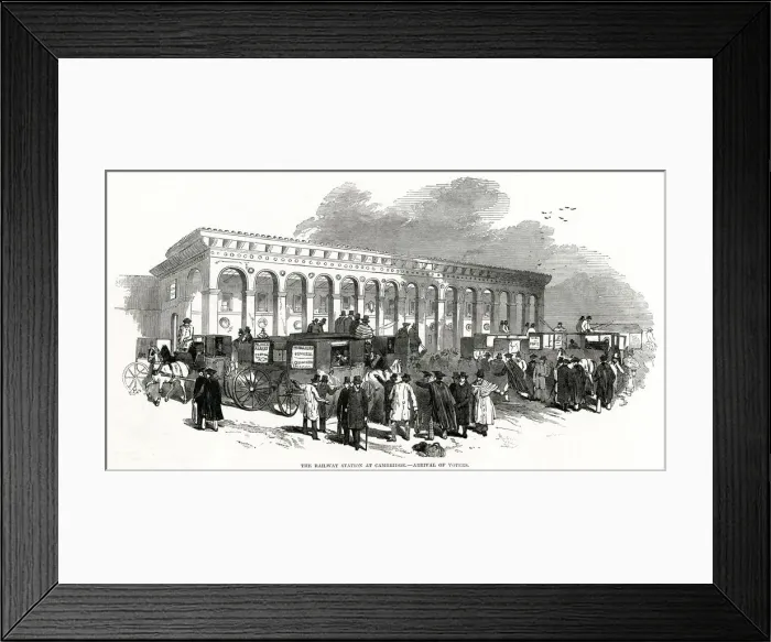 Framed Print : Cambridge railway station-arrival of voters 1847 Framed Print : Cambridge railway station-arrival of voters 1847