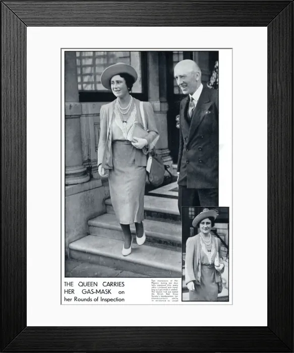 Framed Print : The Queen pictured with her gas mask, September 1939 Framed Print : The Queen pictured with her gas mask, September 1939