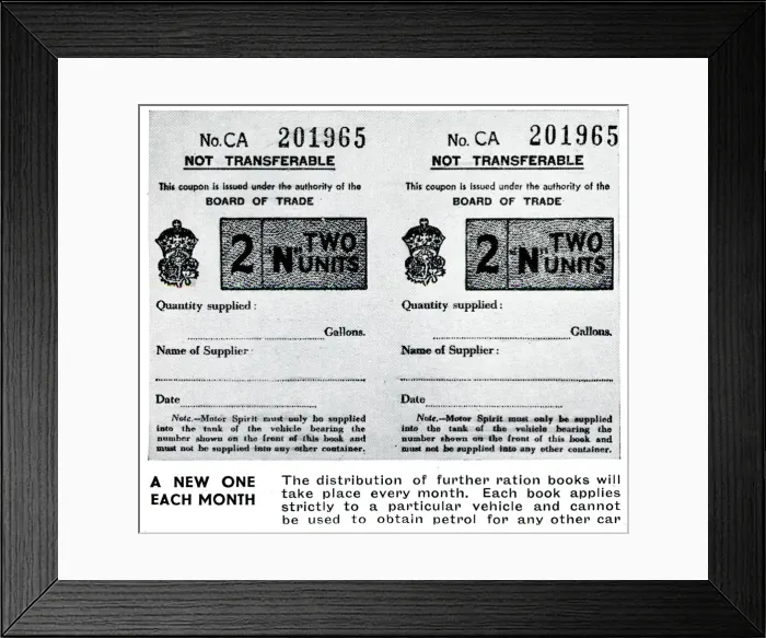 Framed Print : Inside of ration book for motor spirit, September 1939