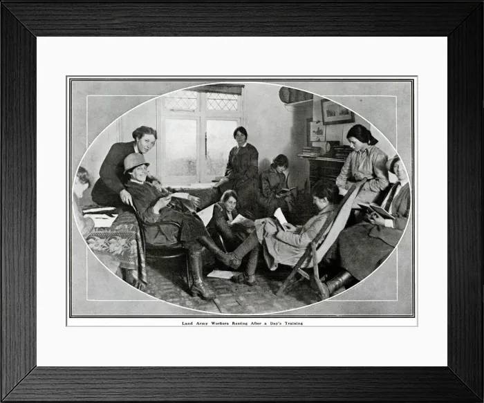 Framed Print : Female land army workers resting after a full day 1918 Framed Print : Female land army workers resting after a full day 1918