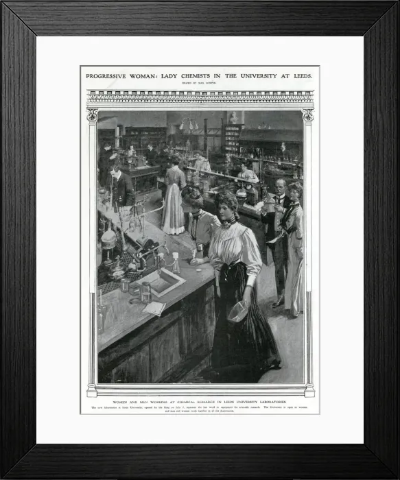 Framed Print : Female and male undergraduates in laboratory, July 1908 Framed Print : Female and male undergraduates in laboratory, July 1908