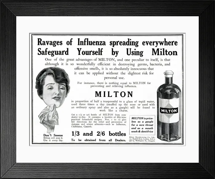 Framed Print : Advert for Milton against influenza 1918 Framed Print : Advert for Milton against influenza 1918