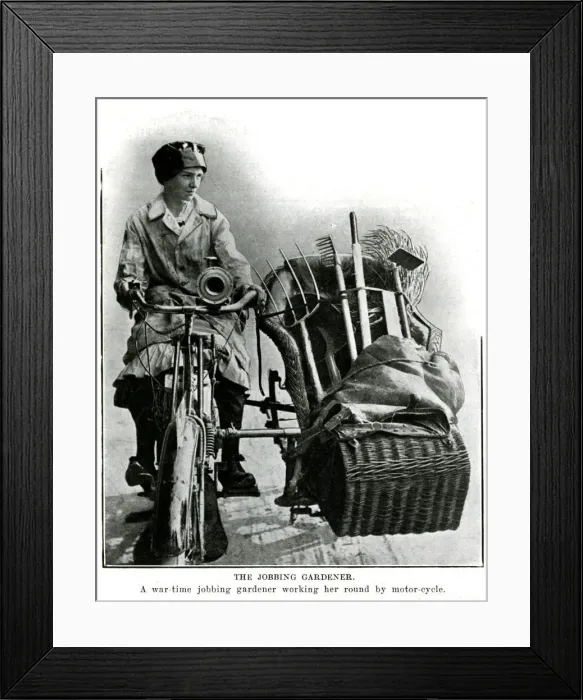 Framed Print : Woman gardener on her motor-cycle 1916 Framed Print : Woman gardener on her motor-cycle 1916