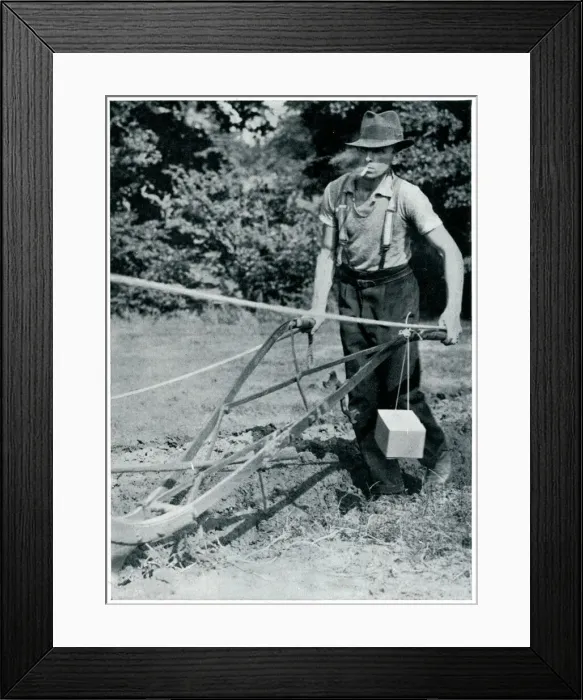 Framed Print : Man ploughing with gas mask, September 1939