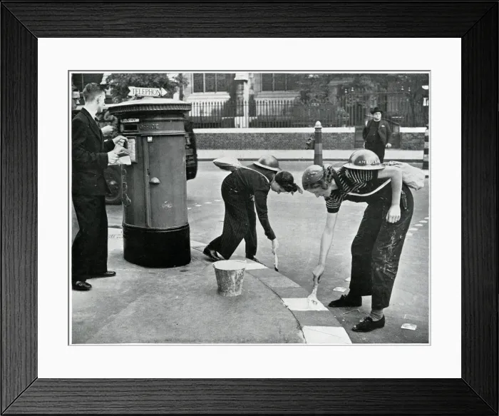 Framed Print : Women painting kerbside for blackouts, September 1939