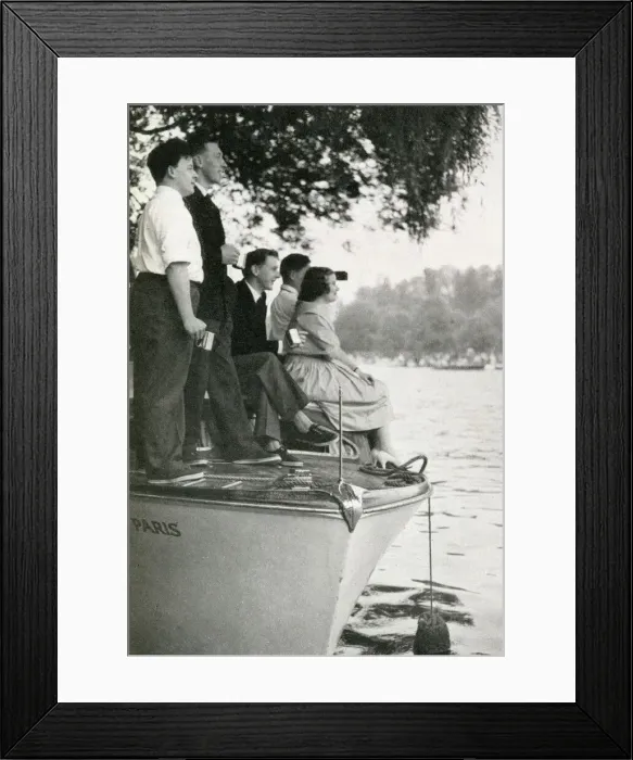 Framed Print : Group watching the Henley Regatta from boat, July 1958 Framed Print : Group watching the Henley Regatta from boat, July 1958