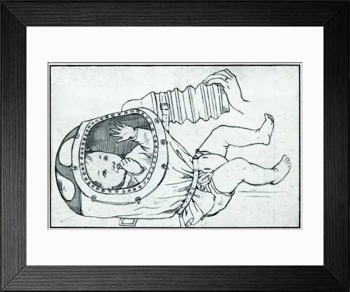 Framed Print : Baby lying down with gas mask on, September 1939 Framed Print : Baby lying down with gas mask on, September 1939