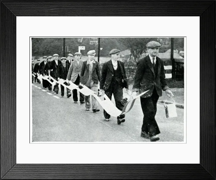 Framed Print : Road painters carrying broken white line stencil, Sept 1939 Framed Print : Road painters carrying broken white line stencil, Sept 1939