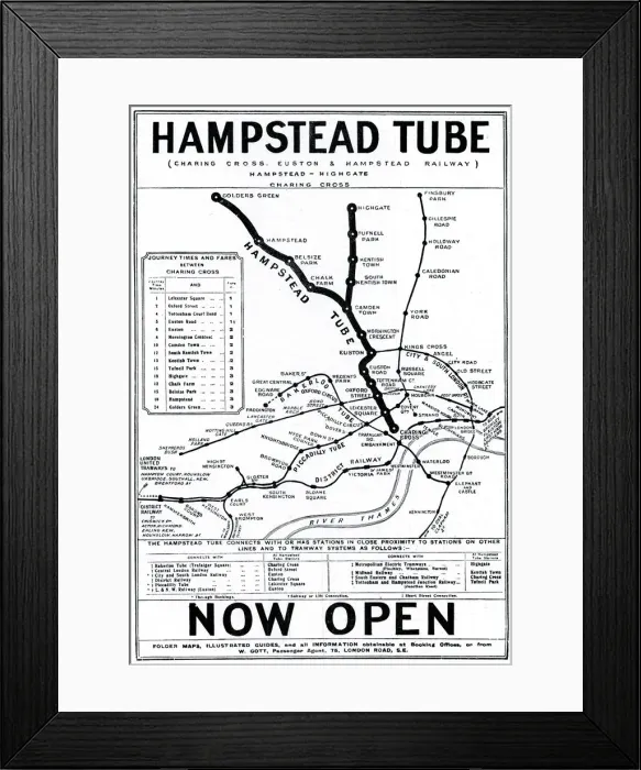 Framed Print : Map of London Underground railway, Hampstead Tube Framed Print : Map of London Underground railway, Hampstead Tube