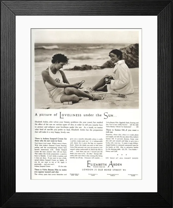 Framed Print : Advert for Elizabeth Arden sun cream 1934 Framed Print : Advert for Elizabeth Arden sun cream 1934