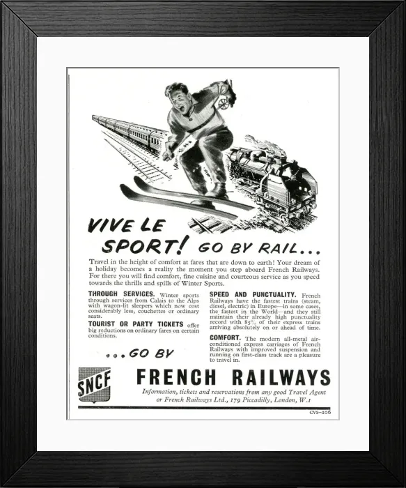 Framed Print : Vive Le Sport! Go by rail... Advert for SNCF French Railways Framed Print : Vive Le Sport! Go by rail... Advert for SNCF French Railways