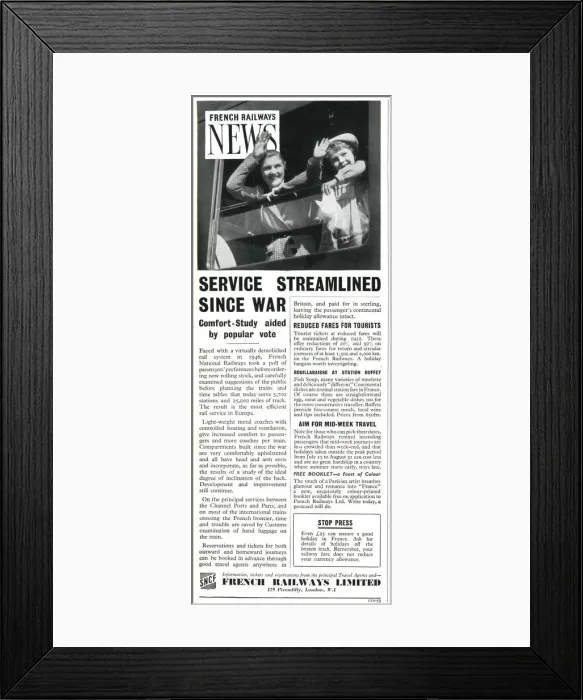 Framed Print : French Railway News - Service Streamlined since War Framed Print : French Railway News - Service Streamlined since War