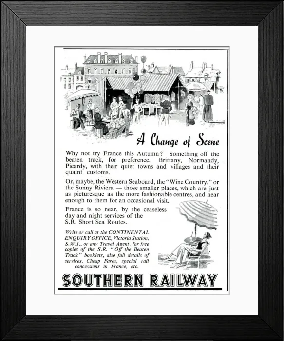 Framed Print : A Change of Scene - Advert for Southern Railway 1939 Framed Print : A Change of Scene - Advert for Southern Railway 1939