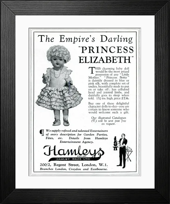 Framed Print : Princess Elizabeth doll, Hamleys advertisement 1929