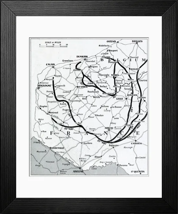 Framed Print : Map of France and Belgium, evacuation from Dunkirk, WW2
