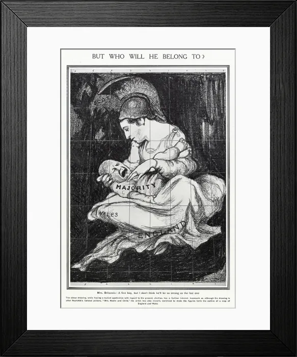 Framed Print : But Who Will He Belong To? General Election 1910 Framed Print : But Who Will He Belong To? General Election 1910